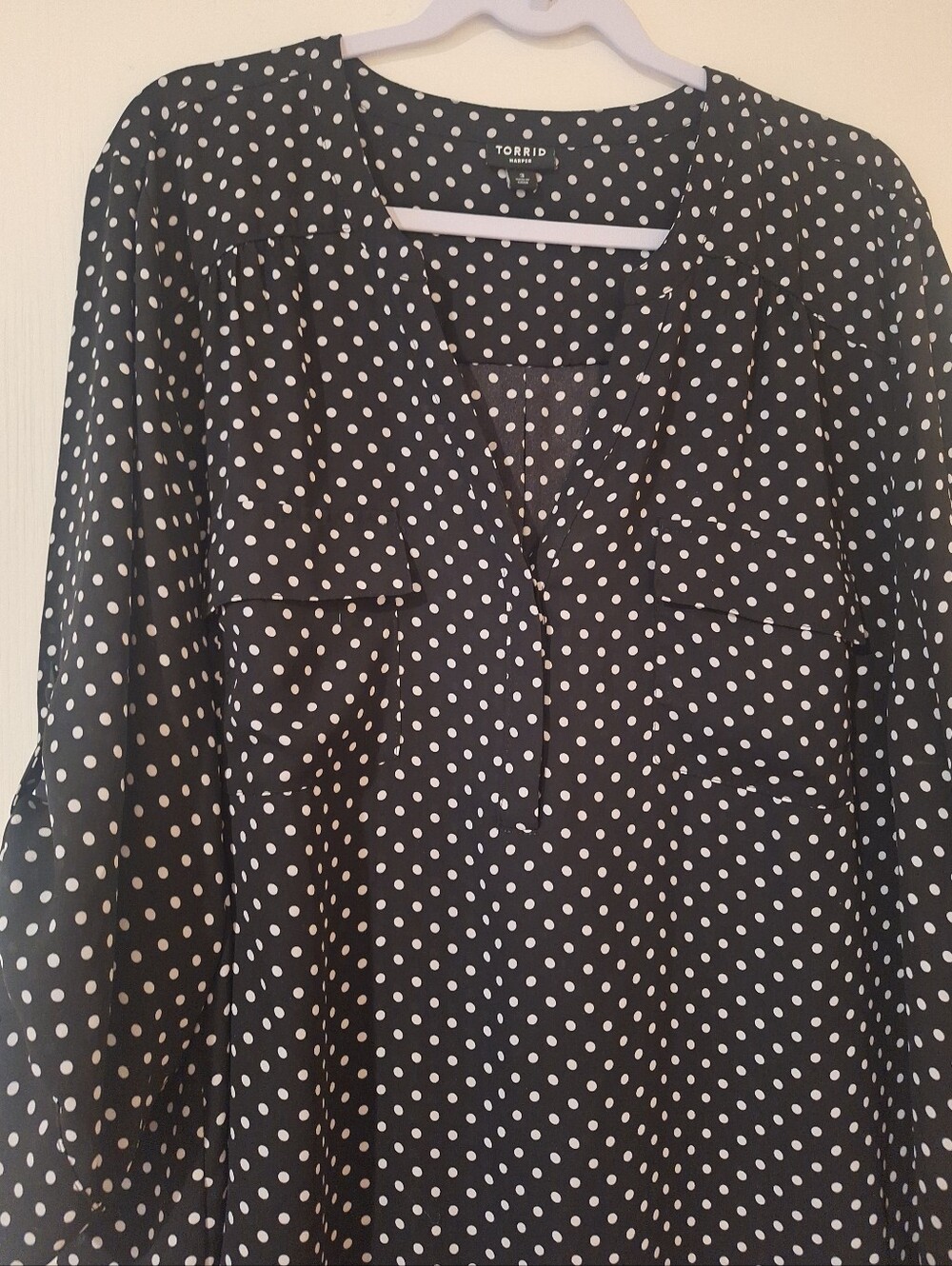 Torrid Black and White Polka Dot V-Neck Blouse Harper 3 - Picture 2 of 3